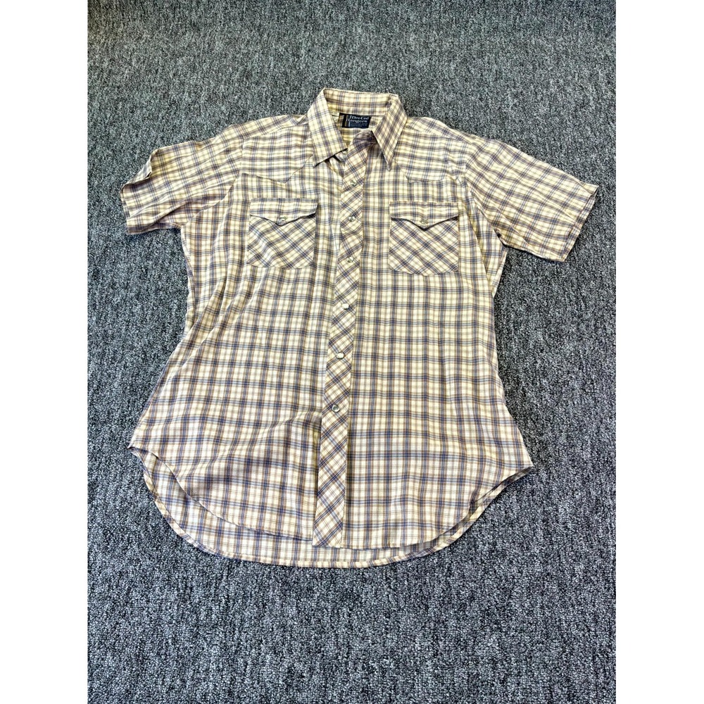 Dee Cee Rangers Shirt Mens Large Beige Plaid Western Rodeo Collared Pearl Snap